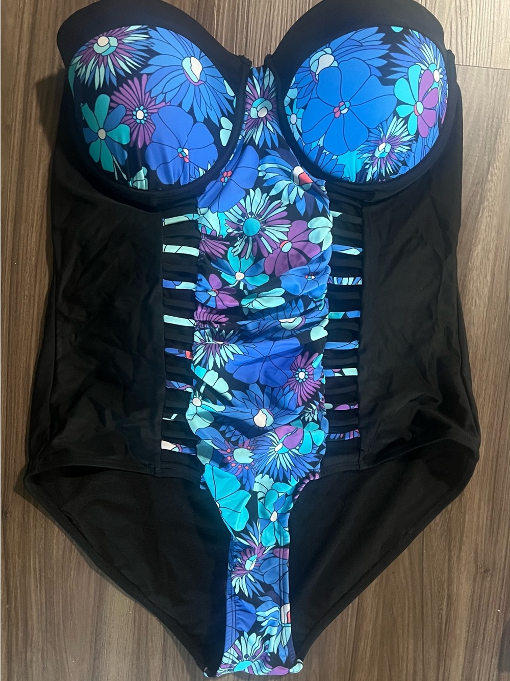 Black One-Piece Swimsuit with Blue Floral Front Panel - Women's Swim